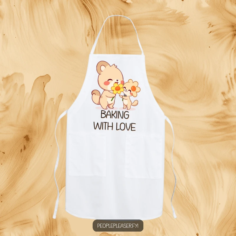 Funny apron, cute animal character happily handing a large flower while cooking, combining kitchen practicality with humorous themes of kindness.