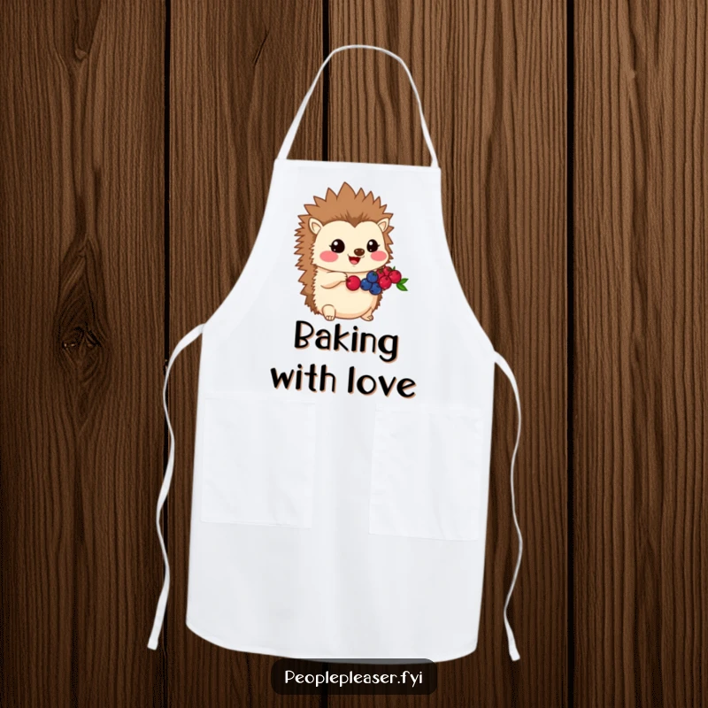 Funny Kawaii hedgehog apron showing a character sharing its berries, ideal for kitchen protection with a touch of heartwarming humor.