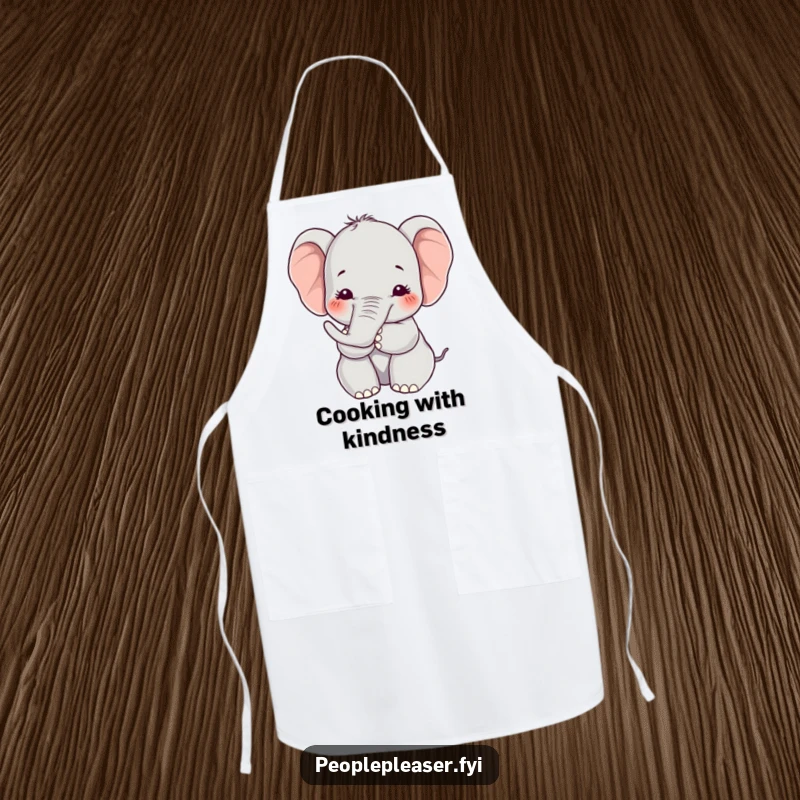Funny Kawaii elephant apron showing a character offering a soft hug with its trunk, ideal for kitchen protection with a touch of heartwarming humor.