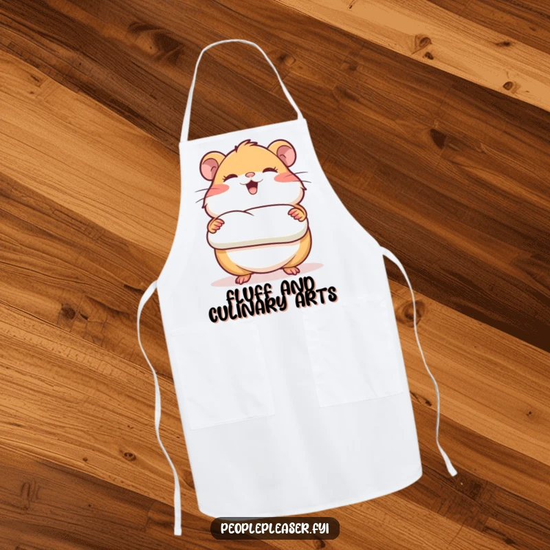Funny apron depicting a giggling hamster character presenting a perfectly rolled piece of bedding, ready for kitchen adventures with a cozy touch.