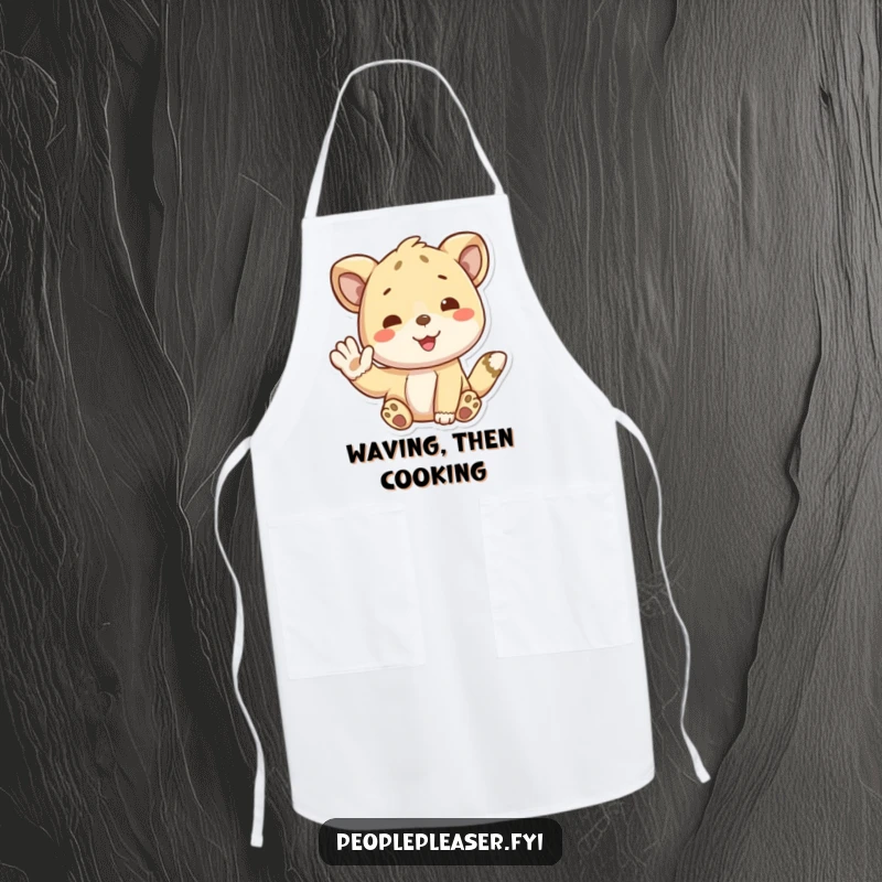 Funny apron showing a playful animal character giving a friendly wave, perfect for the kitchen. A delightful funny gift.