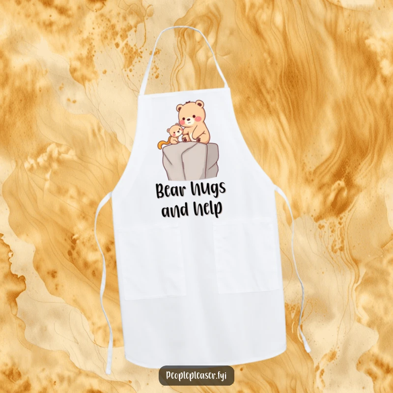 Funny Apron: A caring bear gently helps a smaller creature onto a high ledge, adding a humorous and functional touch to kitchen attire.