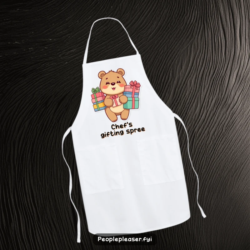 Funny Bear Apron showing a happy bear carrying a stack of gifts, perfect for kitchen use and gifting to kind individuals.