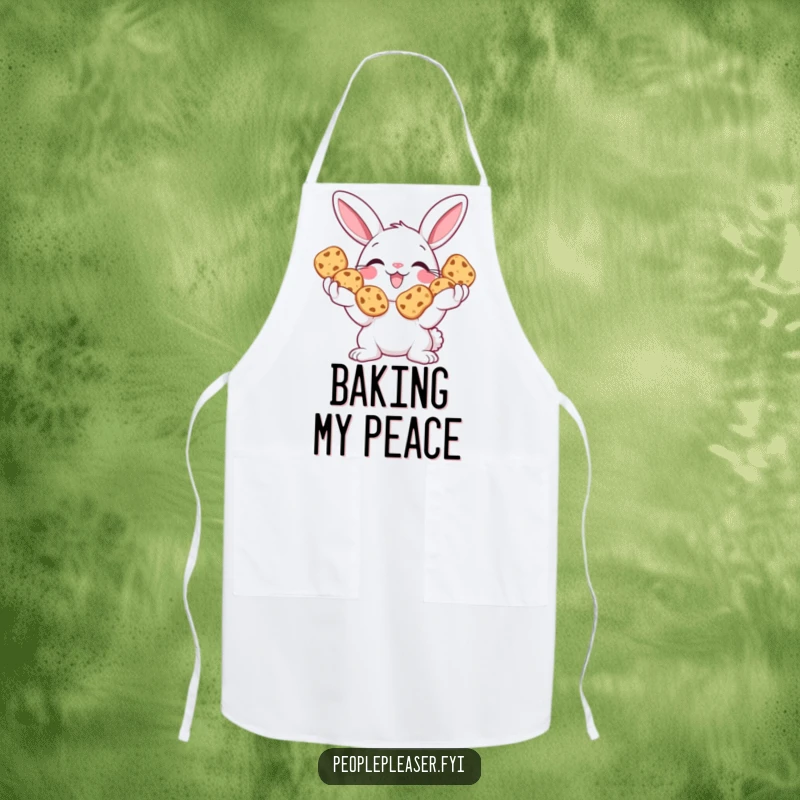 Funny Bunny Apron designed with a smiling bunny offering cookies, a charming accessory for bakers and kitchen lovers.