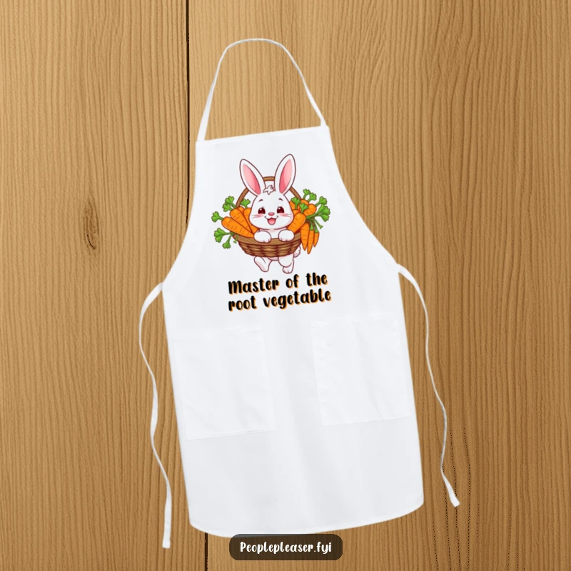 Funny apron depicting a happy bunny character carrying a basket overflowing with carrots, ready for gardening or kitchen adventures.