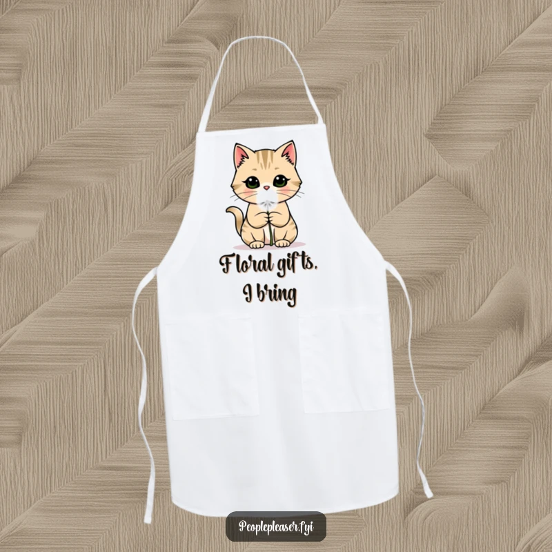 Funny cat apron with a charming cat presenting a fluffy dandelion puff, adding a delightful and humorous touch to cooking.