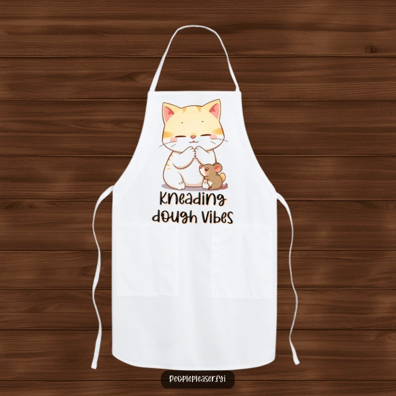Funny apron showcasing a content cat character purring while gently grooming a toy mouse, great for kitchen activities.