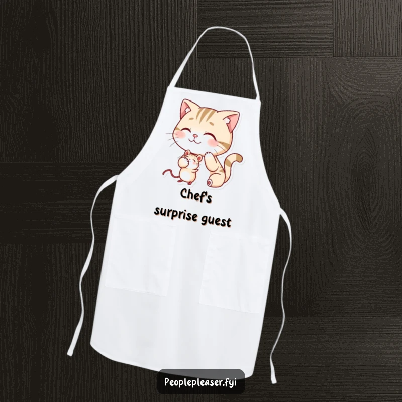 Funny kitchen apron depicting a smiling cat patting a mouse on the head, perfect for a humorous cook.