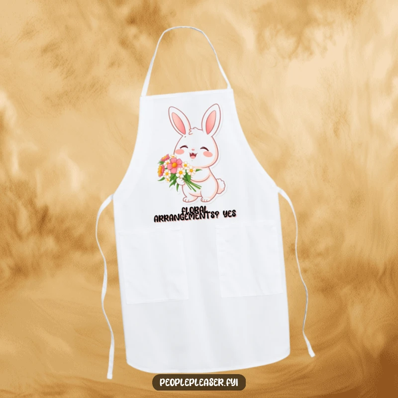 Funny apron with a cheerful bunny character holding a bouquet of flowers, ideal for baking with a dose of spring cheer.