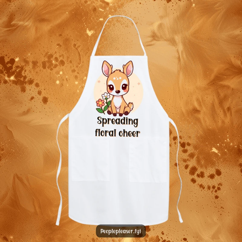 Funny apron depicting a sweet deer character holding out a flower, bringing whimsical charm to the kitchen.