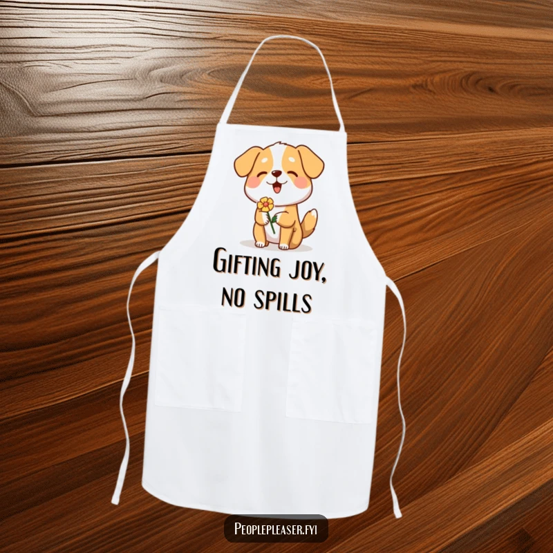 Funny Dog Apron featuring a happy dog holding a flower, designed for kitchen fun and gifting to dog enthusiasts.