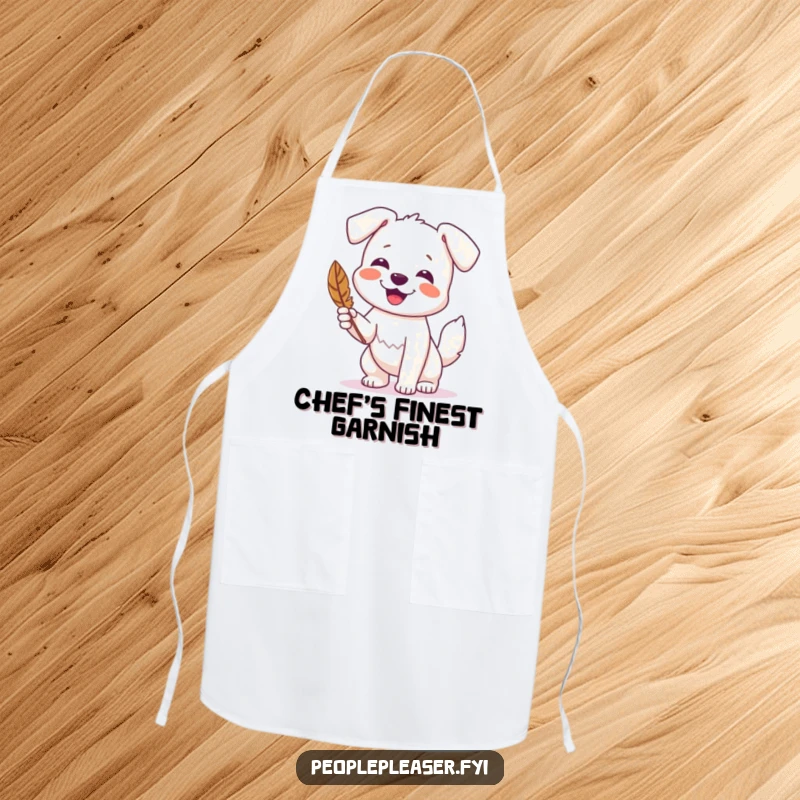 Funny apron depicting a happy dog wagging its tail and presenting a found feather, perfect for cooking.