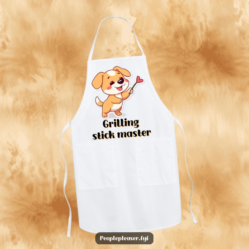 Funny apron showcasing a playful dog character fetching a single, perfect stick, great for kitchen activities and dog lovers.