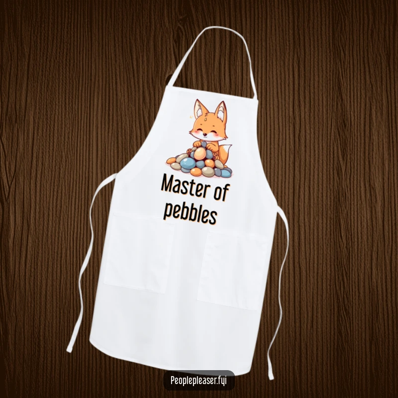 Funny fox chef apron, presenting a pile of shiny pebbles with a sly grin, bringing humorous cleverness to the culinary arts.