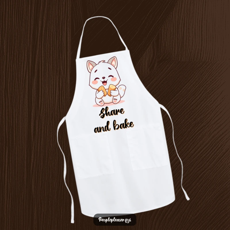 Funny apron depicting a happy animal character generously sharing a treat, perfect for kitchen fun. A delightful funny gift for cooks.