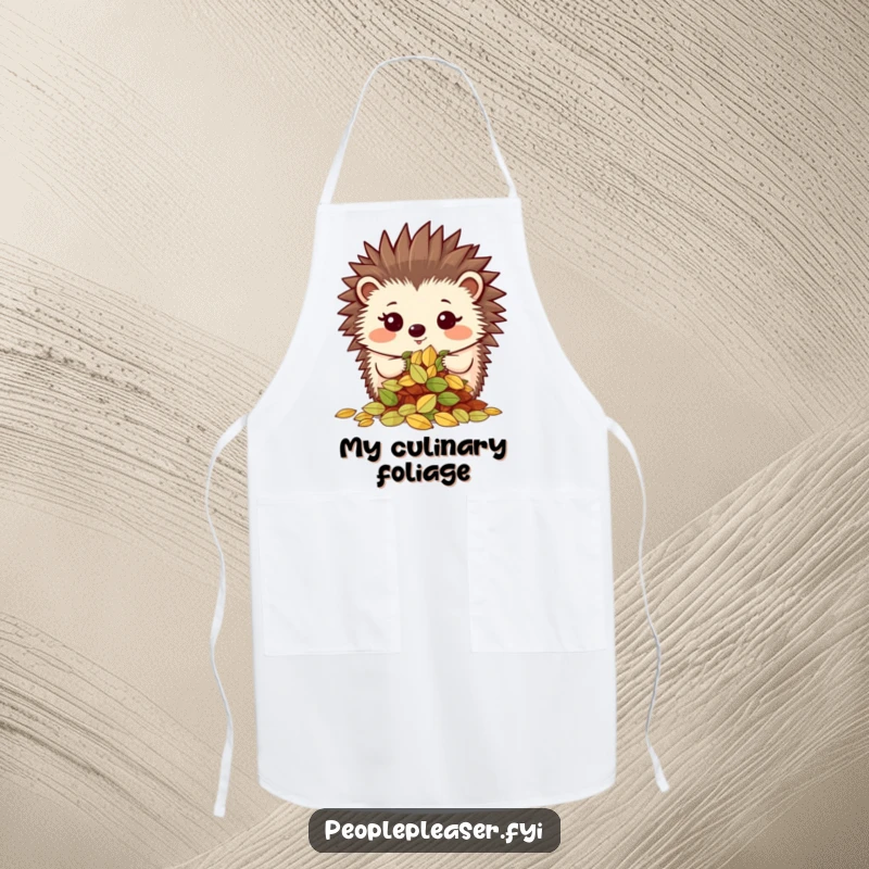 Funny apron showcasing a proud hedgehog character showing off a neatly organized pile of leaves, great for kitchen organization.