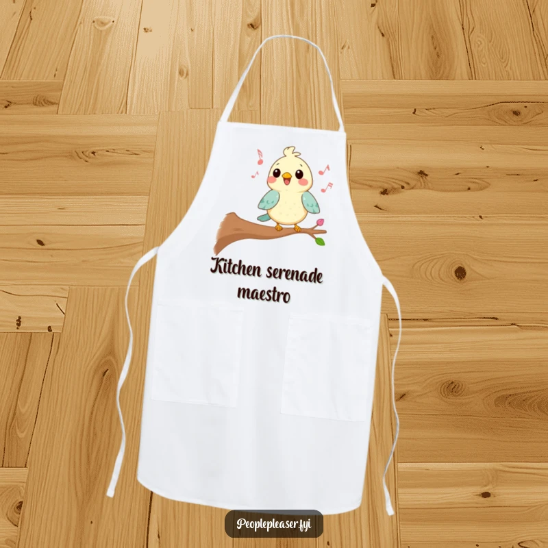 Funny Kawaii bird apron showing a character singing a cheerful tune from a branch, ideal for kitchen protection with a touch of musical humor.