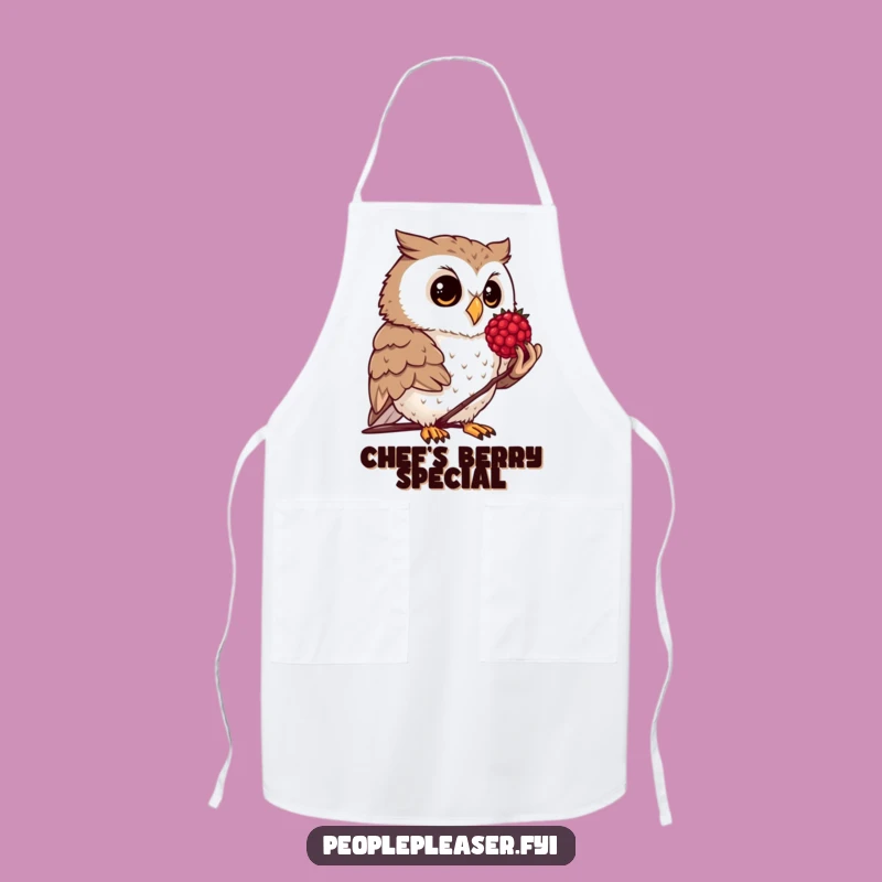 Funny Owl Berry Apron: Cute owl offering a berry while cooking, a funny gift.