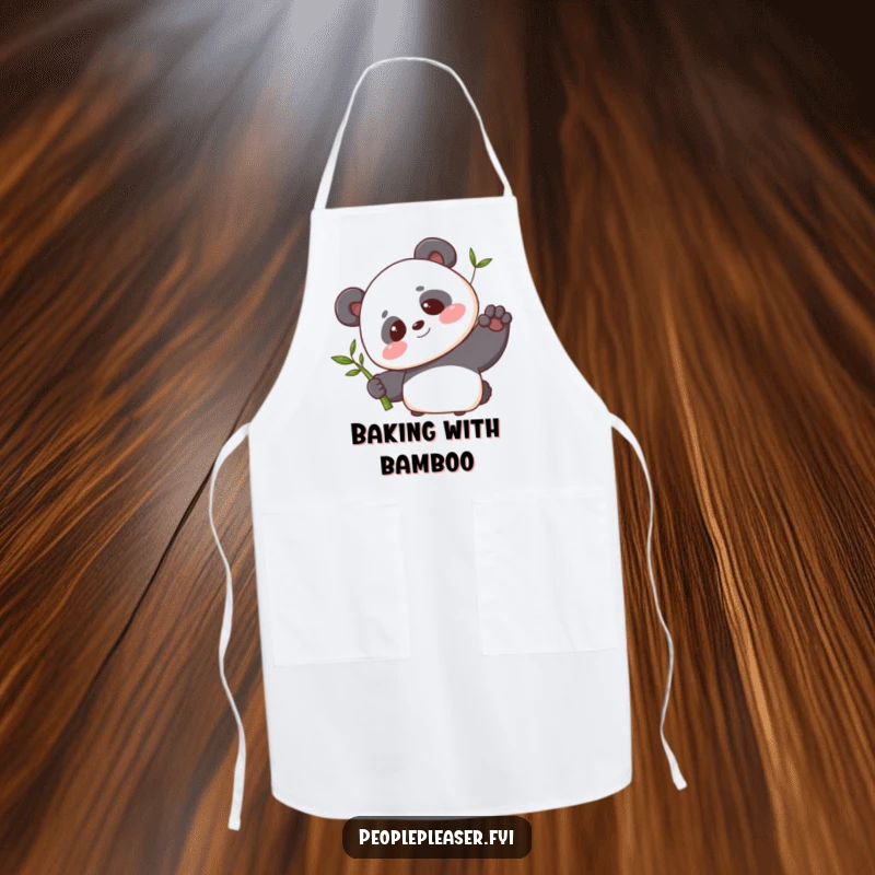 Funny apron showcasing a blushing panda character offering a single bamboo shoot with a sweet smile, great for kitchen tasks.