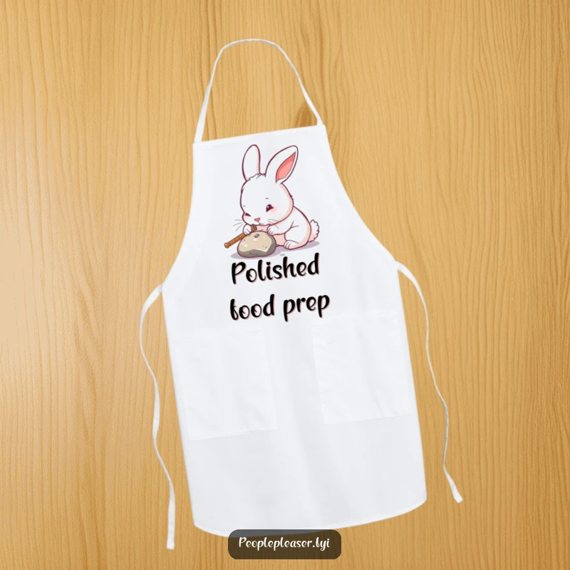 Funny rabbit chef apron, meticulously polishing a found object until it shines, bringing humorous dedication to the culinary arts.