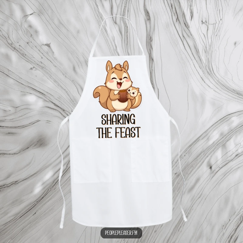 Funny squirrel apron showing a delighted character sharing a nut, perfect for bakers who appreciate humor and heartwarming animal themes.