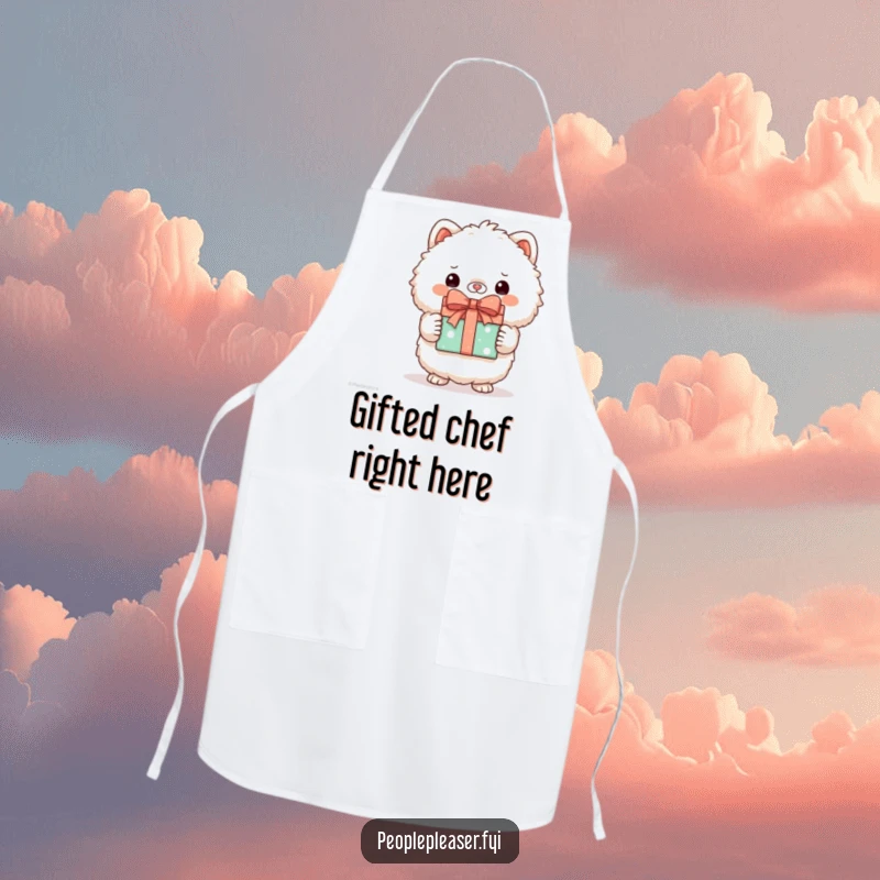Funny apron showing a fluffy animal character presenting a beautifully wrapped gift, perfect for kitchen fun.