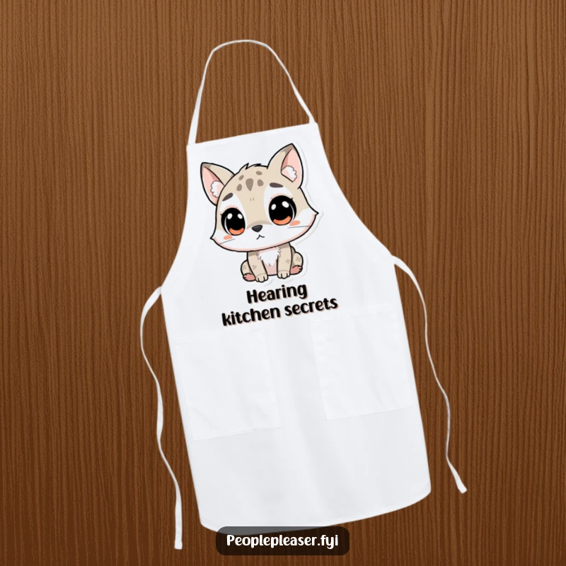 Funny Apron showing a curious animal character with wide eyes and perked ears, listening intently while preparing food, ideal for kitchen humor.