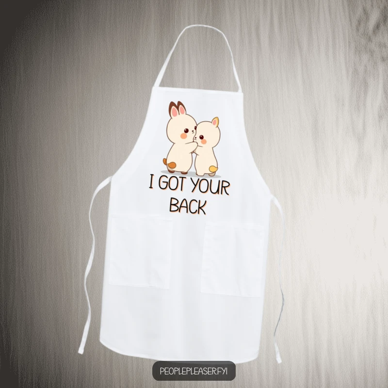 Funny apron with a small animal character offering a gentle pat on the back, symbolizing support in the kitchen.