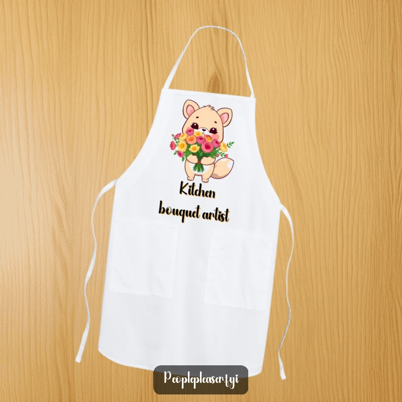 Funny cute animal apron, offering a large bouquet while cooking, a humorous kitchen accessory for spreading cheer.
