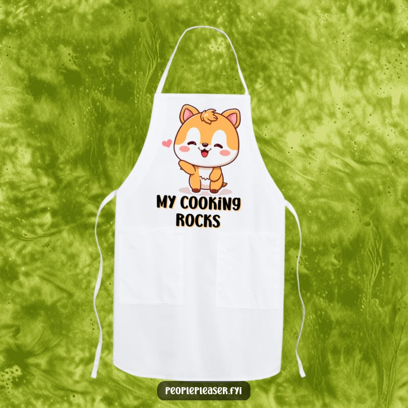 Funny Apron showing a pleased animal character beaming with happiness after receiving a compliment while cooking, ideal for kitchen fun.