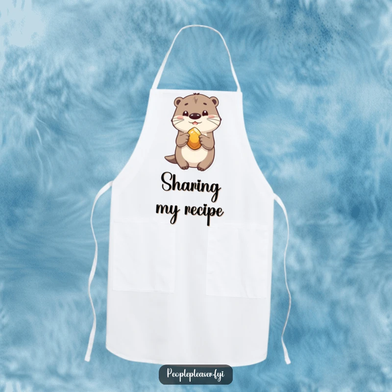 Funny apron showing a playful otter sharing a shiny stone, perfect for a humorously friendly kitchen.