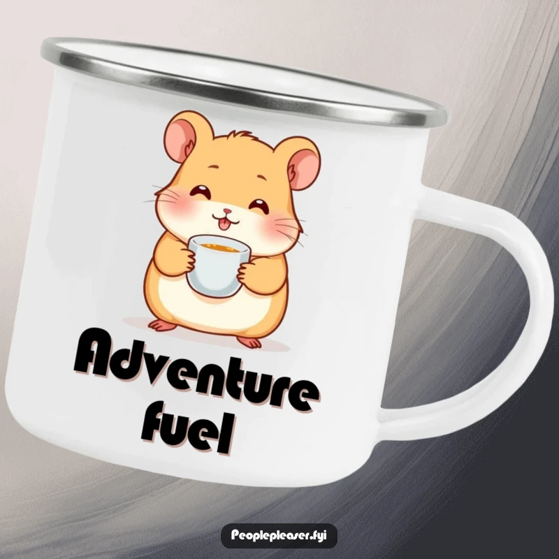 Funny hamster camping mug showing a cute character with a tiny teacup, ideal for outdoor enthusiasts who enjoy humor and durability.