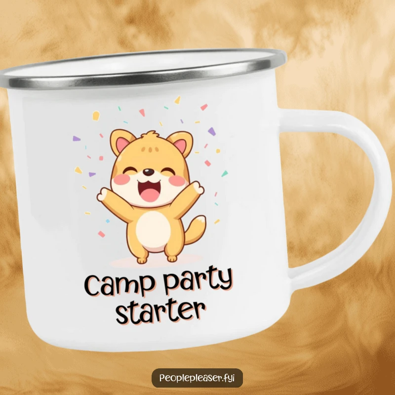 Funny Camping Mug: A joyful animal character throwing confetti, perfect for outdoor celebrations.