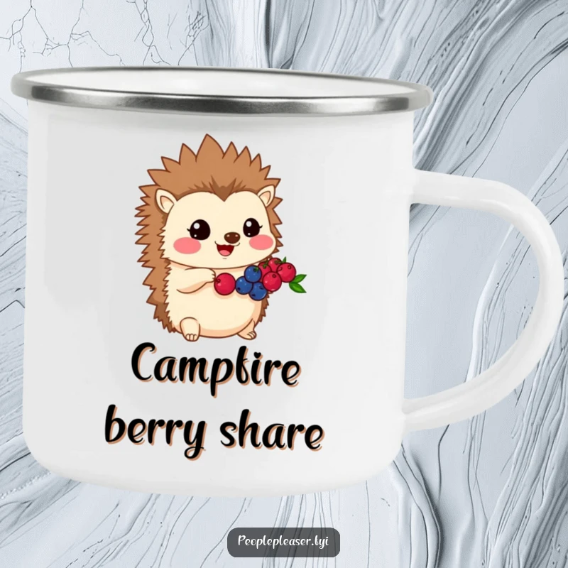 Funny Kawaii hedgehog camping mug featuring a sharing character, designed for durability and outdoor comfort with a generous touch.