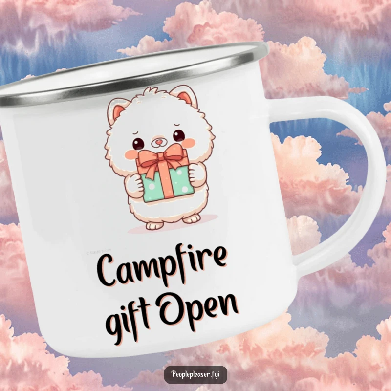 Funny enamel camping mug with a fluffy animal character proudly holding a wrapped gift, perfect for outdoor cheer.