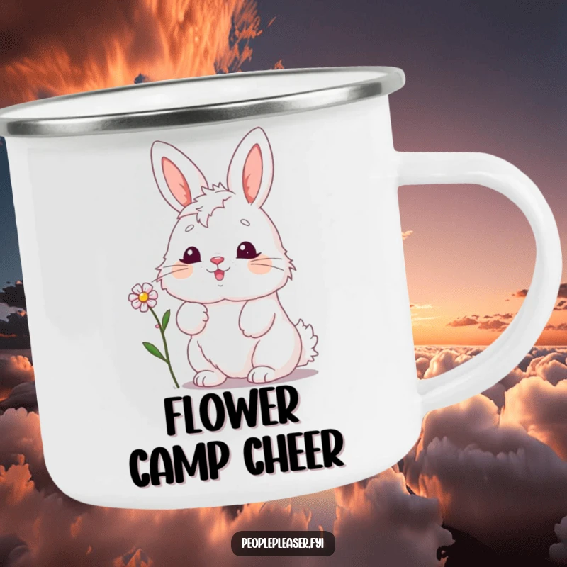 Funny bunny camping mug, enthusiastically offering a tiny flower, perfect for outdoor adventures and spreading cheer with a smile.