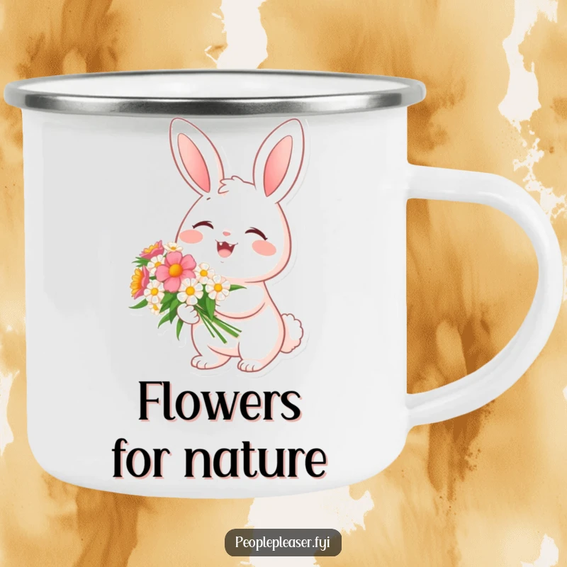 Funny camping mug with a cheerful bunny character holding a bouquet of flowers, perfect for outdoor spring adventures.