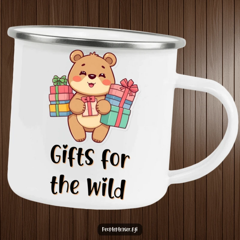 Funny Bear Camping Mug featuring a smiling bear holding a stack of presents, perfect for outdoor enthusiasts and gift-givers.