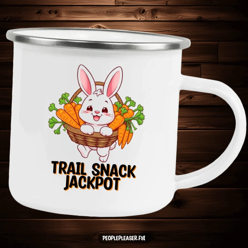 Funny camping mug showing a happy bunny character carrying a basket overflowing with carrots, ready for a delightful outdoor meal.