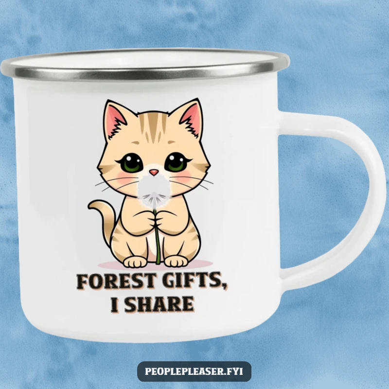 Funny cat camping mug featuring a charming cat offering a dandelion puff, perfect for enjoying nature with a smile.