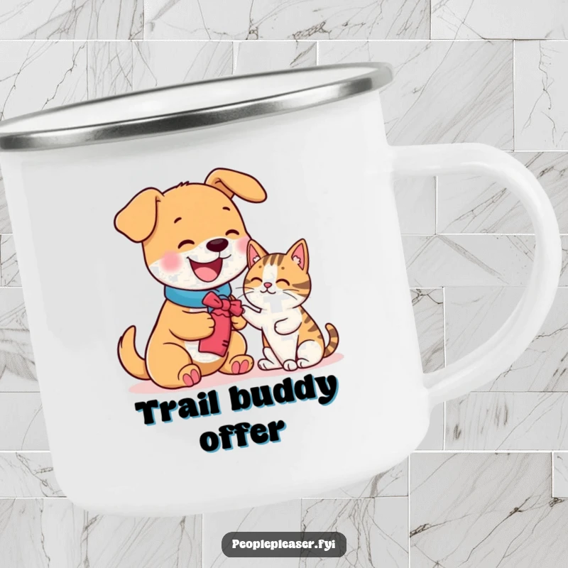 Funny camping mug with a happy dog offering a toy to a cat, rugged and humorous.