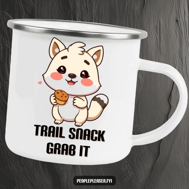 Funny enamel camping mug depicting an enthusiastic animal character offering a delicious treat, ideal for outdoor fun.