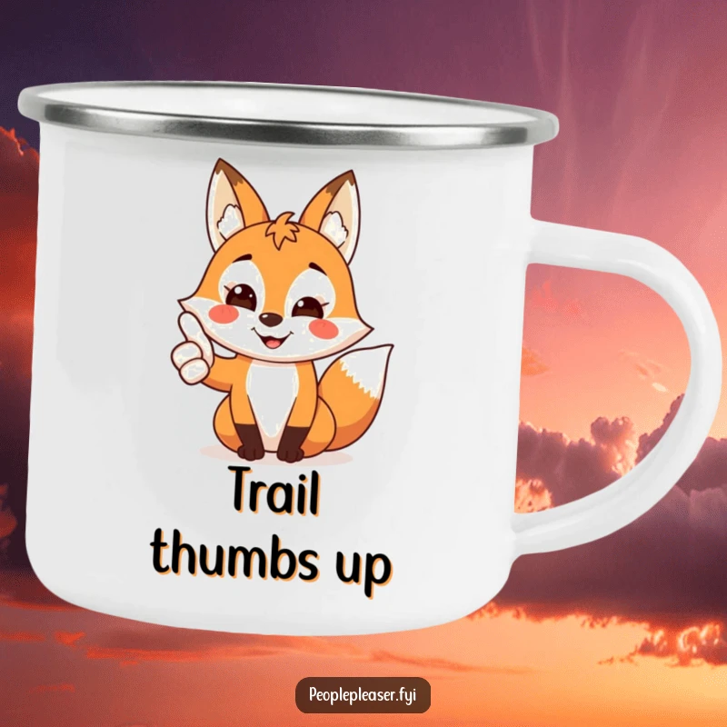 Funny Fox Camping Mug featuring a happy fox giving a thumbs up, perfect for outdoor enthusiasts and positive vibes.