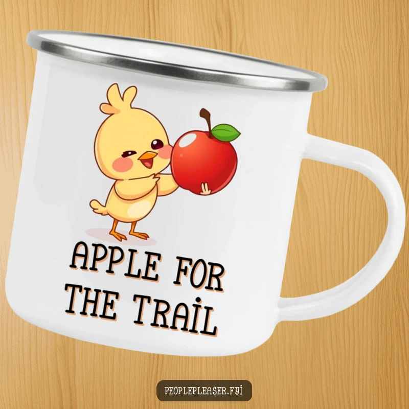 Funny camping mug with a giggling bird character giving a shiny apple, perfect for outdoor adventures and cheerful sips.