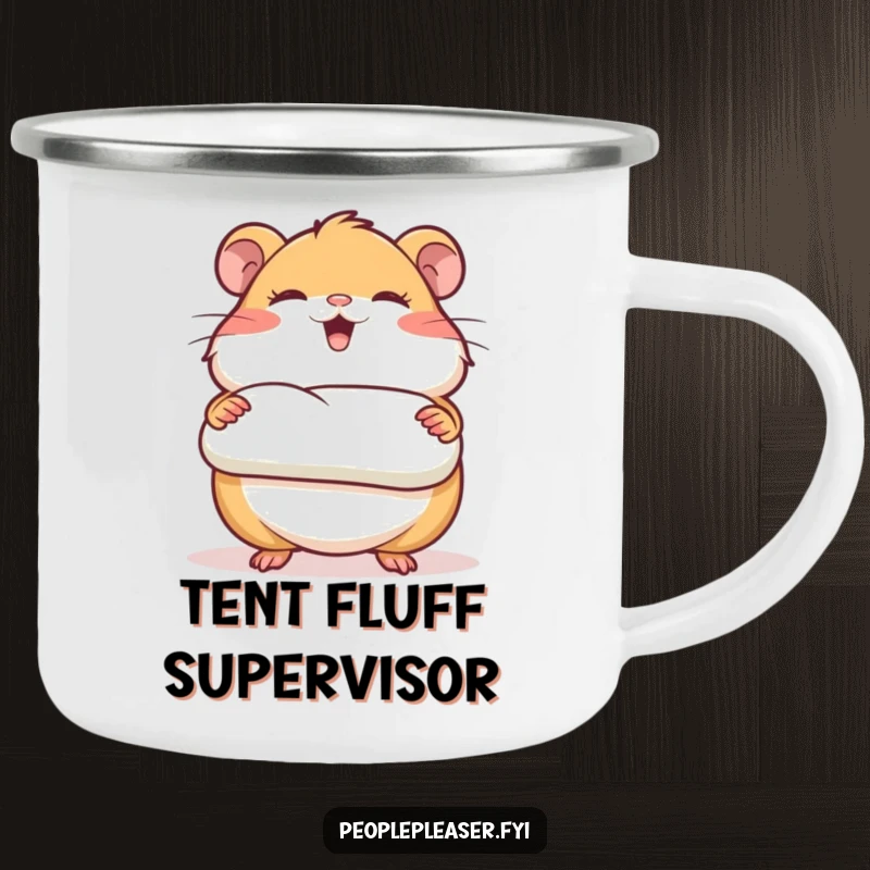 Funny camping mug showing a giggling hamster character presenting a perfectly rolled piece of bedding, ready for outdoor comfort.