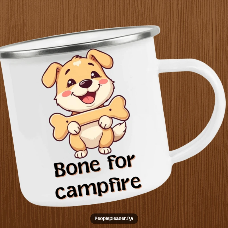 Funny camping mug with a happy dog character fetching a bone with a smile, perfect for outdoor adventures and coffee lovers.