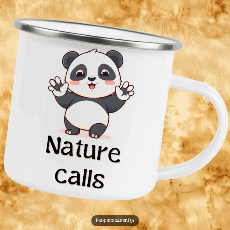 Funny panda camping mug showing a cheerful character waving hello, ideal for outdoor enthusiasts who enjoy humor and durable drinkware.