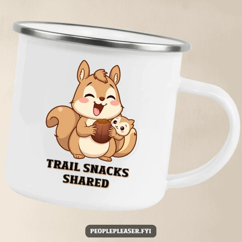 Funny squirrel camping mug showing a cheerful character sharing a nut, ideal for outdoor enthusiasts who enjoy humor and durable drinkware.