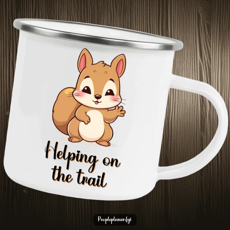 Funny camping mug showing a diligent squirrel character offering a helping paw, ready for any outdoor adventure.