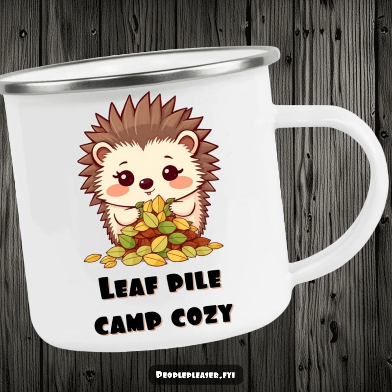 Funny camping mug featuring a proud hedgehog character showing off a neatly organized pile of leaves, perfect for organized outdoor enjoyment.